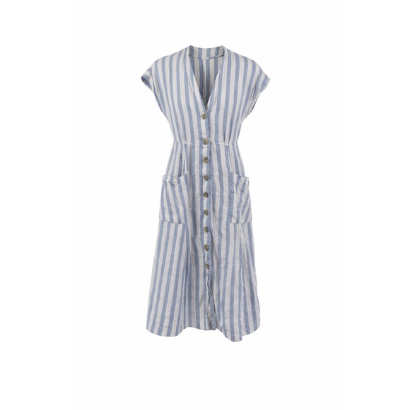 Mango Dresses & Skirts - Mango Linen Dress Womens XXS Blue White Striped Button Down Midi Casual